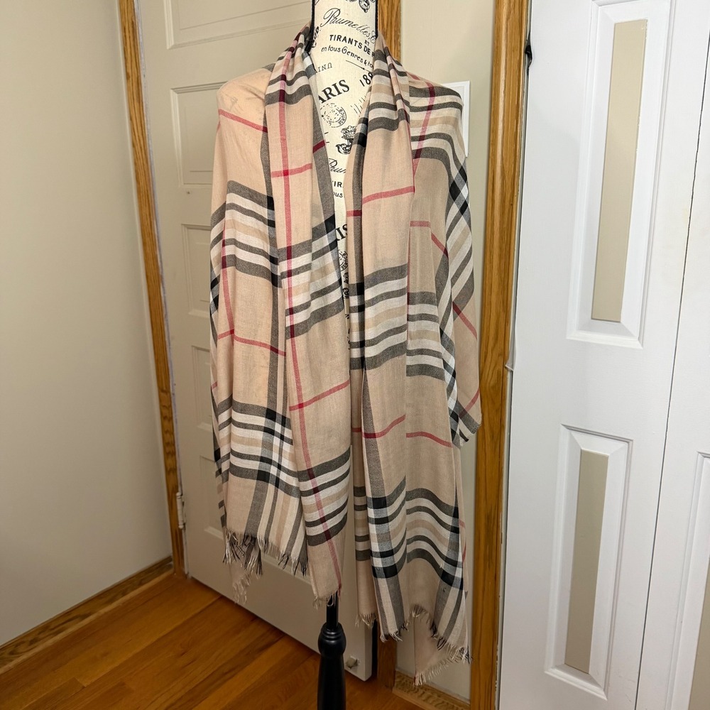 Beige Red Black Plaid Oversized 32"x 80"Scarf/Shawl Fringe Wrap Preppy V. FRASS